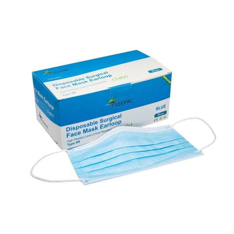 Leepac.Surgical Face Mask With Ear Loops..Blue, 3-Ply Protection, Level 2, 50 pcs/box